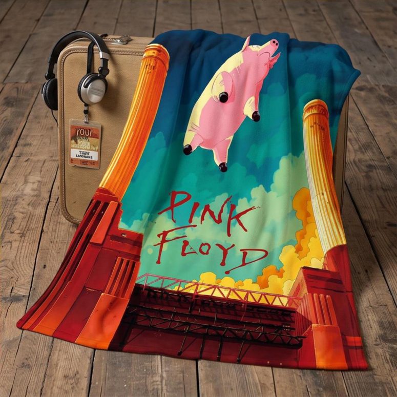 Pink Floyd Fleece Blanket - Animals Flying Pig Comic Style Art Print Pink Floyd Fleece Blanket - Animals Flying Pig Comic Style Art Print