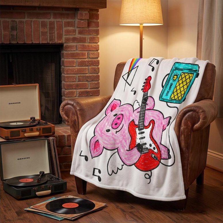Pink Floyd Fleece Blanket - Crayon Another Pig In he Band
