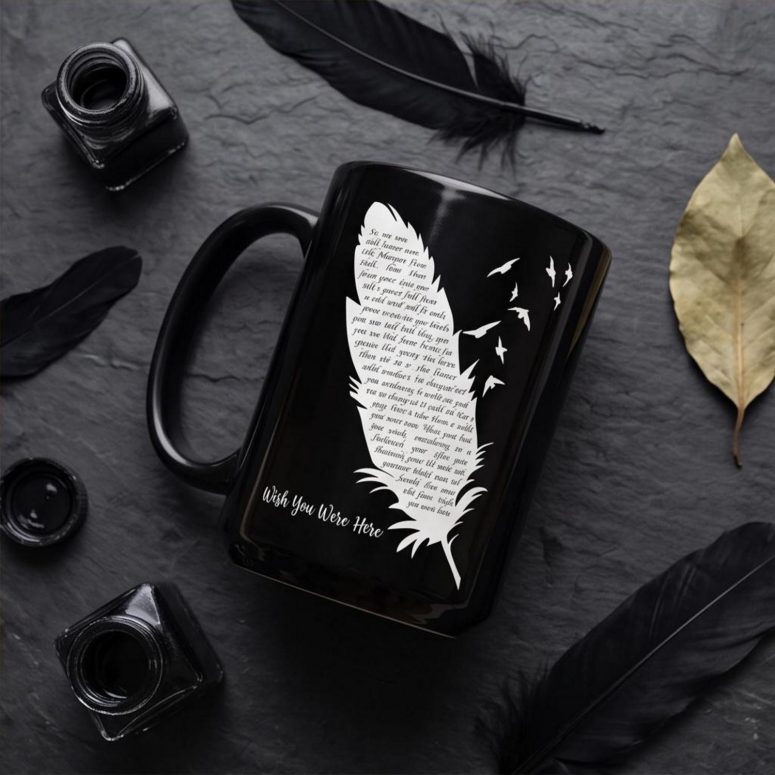 Pink Floyd Mug - Wish You Were Here Lyrics Black Feather