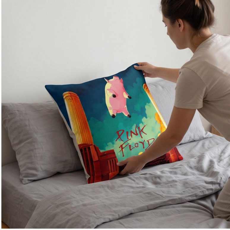 Pink Floyd Pillow Cover - Animals Flying Pig Comic Style Art Print Pink Floyd Pillow Cover - Animals Flying Pig Comic Style Art Print
