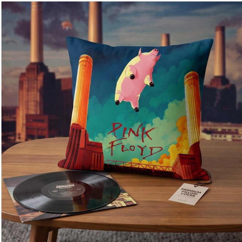Pink Floyd Pillow Cover - Animals Flying Pig Comic Style Art Print Pink Floyd Pillow Cover - Animals Flying Pig Comic Style Art Print