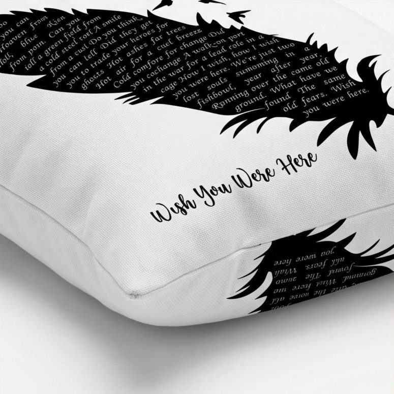Pink Floyd Pillow Cover - Wish You Were Here Lyrics Black Feather