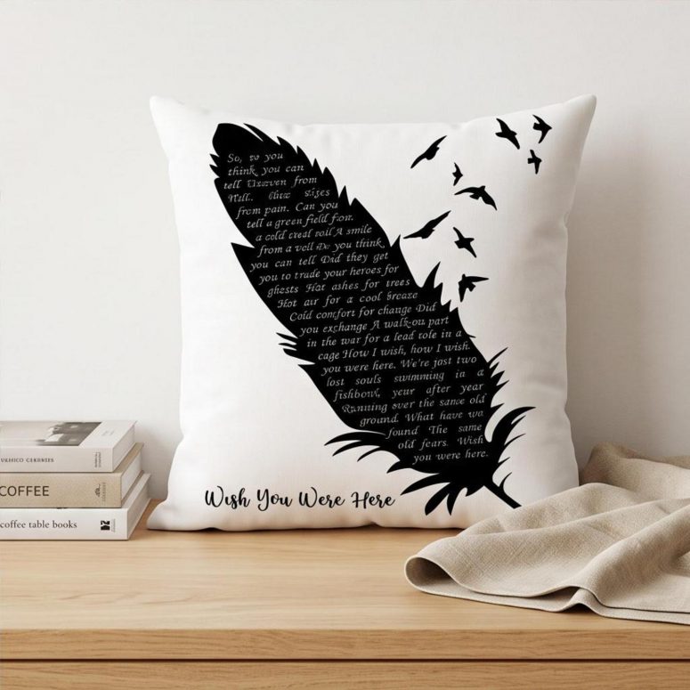 Pink Floyd Pillow Cover - Wish You Were Here Lyrics Black Feather