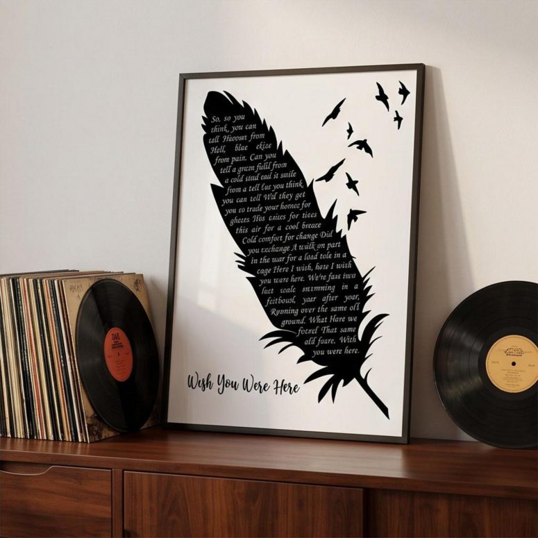 Pink Floyd Poster - Wish You Were Here Lyrics Black Feather