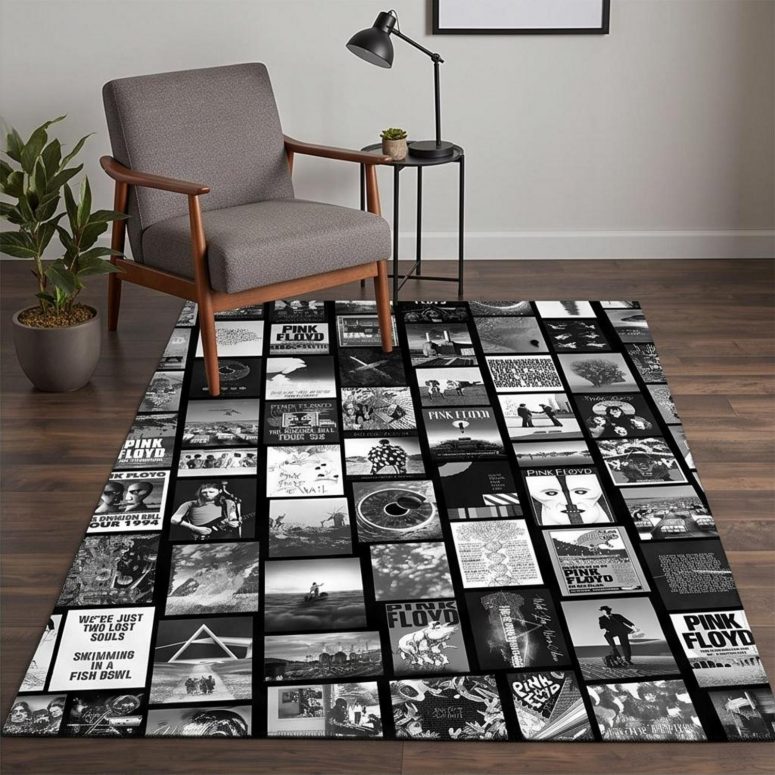 Pink Floyd Rug - Pink Floyd Artwork Poster Collage Black White Pink Floyd Rug - Pink Floyd Artwork Poster Collage Black White