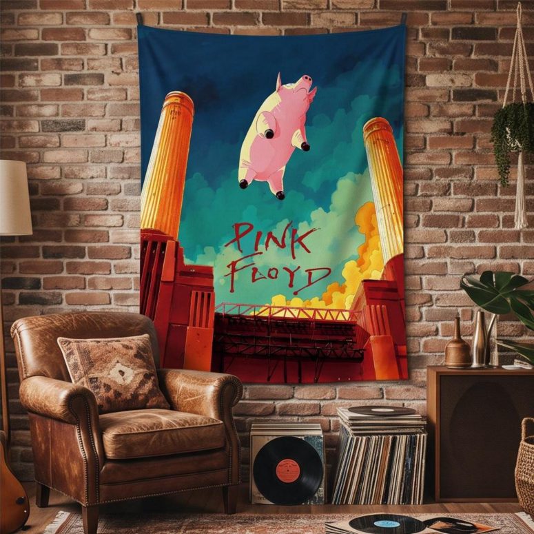 Pink Floyd Tapestry - Animals Flying Pig Comic Style Art Print Pink Floyd Tapestry - Animals Flying Pig Comic Style Art Print