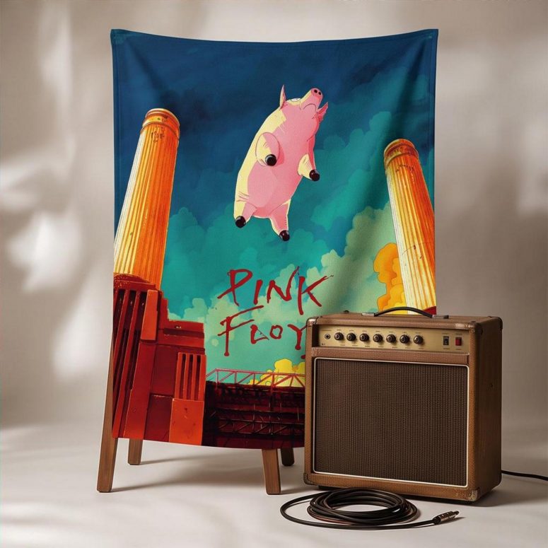 Pink Floyd Tapestry - Animals Flying Pig Comic Style Art Print Pink Floyd Tapestry - Animals Flying Pig Comic Style Art Print