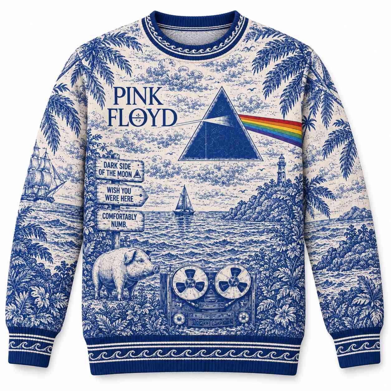Pink Floyd Ugly Christmas Sweater - Dark Side Of The Moon Animals French Toile Print Style Pink Floyd Ugly Christmas Sweater - Dark Side Of The Moon Animals French Toile Print Style