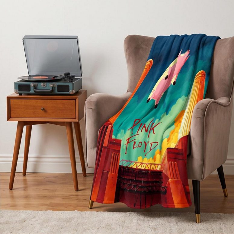 Pink Floyd Velveteen Plush Blanket - Animals Flying Pig Comic Style Art Print Pink Floyd Velveteen Plush Blanket - Animals Flying Pig Comic Style Art Print
