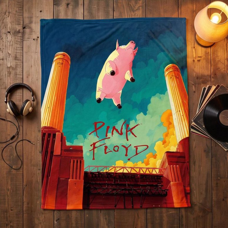 Pink Floyd Velveteen Plush Blanket - Animals Flying Pig Comic Style Art Print Pink Floyd Velveteen Plush Blanket - Animals Flying Pig Comic Style Art Print