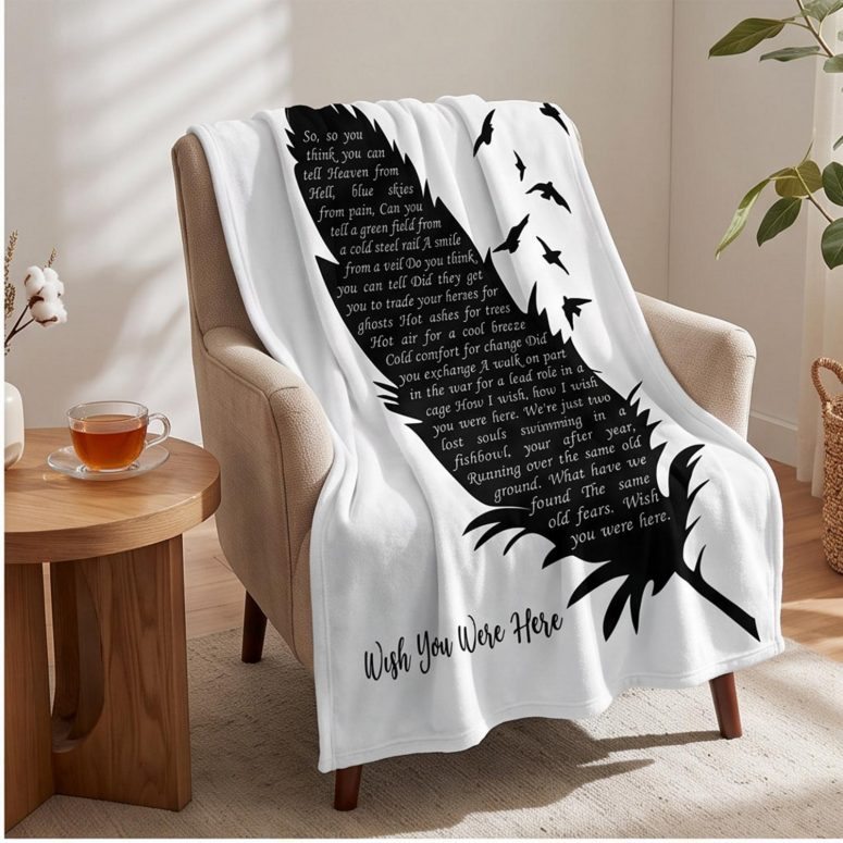 Pink Floyd Velveteen Plush Blanket - Wish You Were Here Lyrics Black Feather