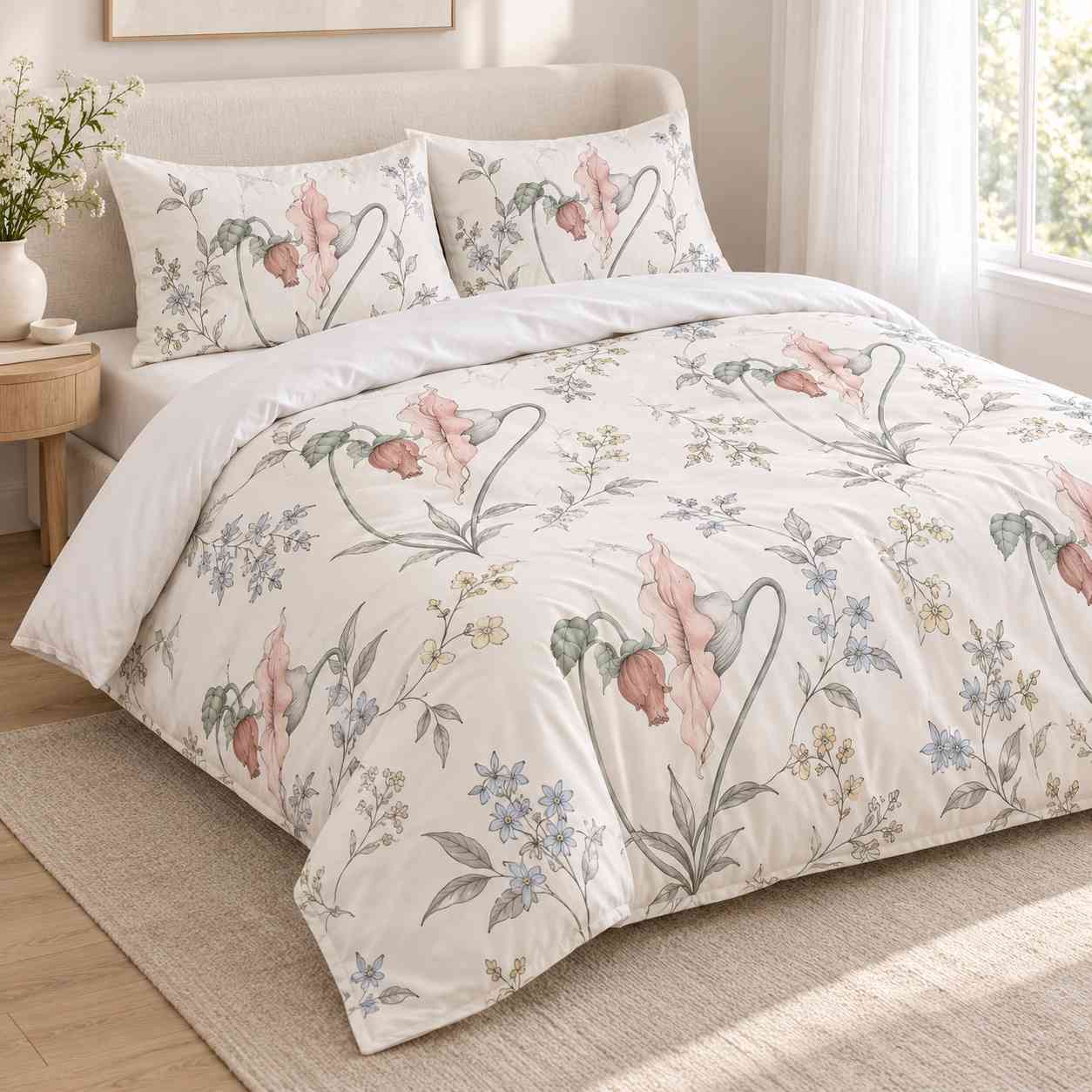 Light botanical Pink Floyd duvet cover with pink paired flowers, blue blossoms and fine green leaves