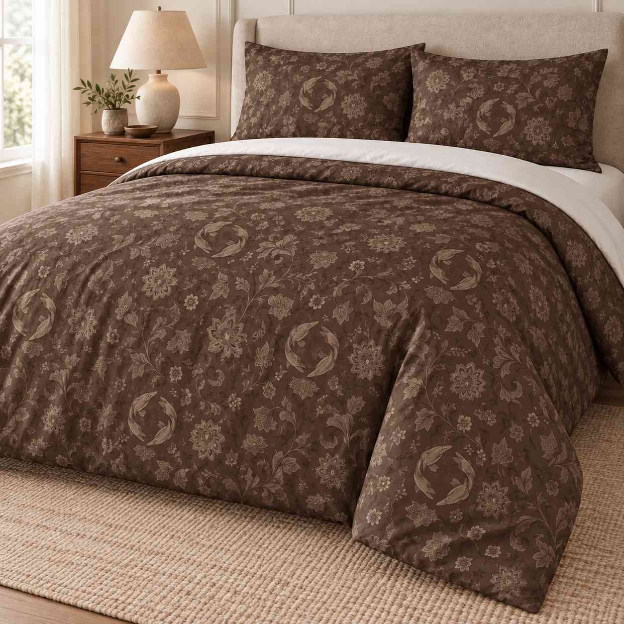 Brown Wish You Were Here inspired bedding with paired fish and delicate floral patterns