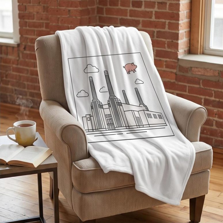 Pink Floyd Fleece Blanket - Flying Pig Over Battersea Power Station Minimalism