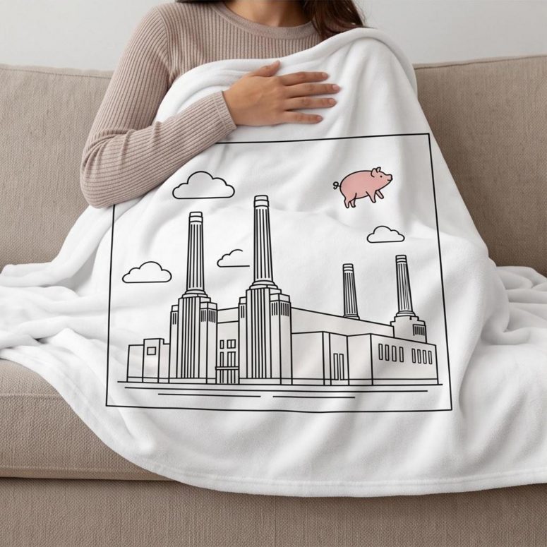 Pink Floyd Fleece Blanket - Flying Pig Over Battersea Power Station Minimalism