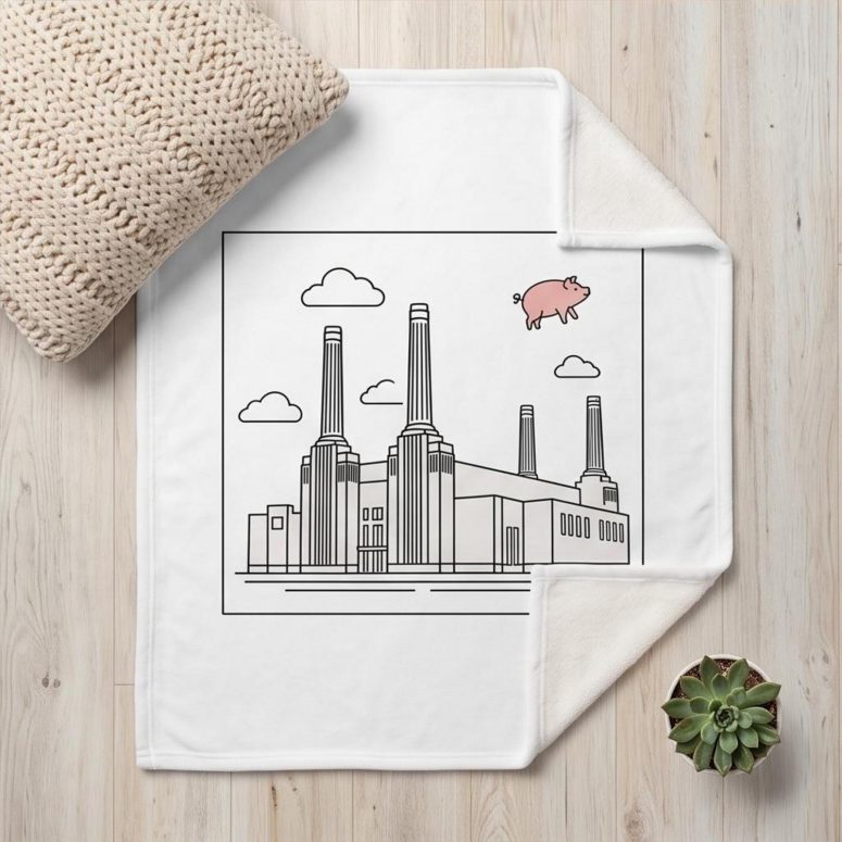Pink Floyd Fleece Blanket - Flying Pig Over Battersea Power Station Minimalism