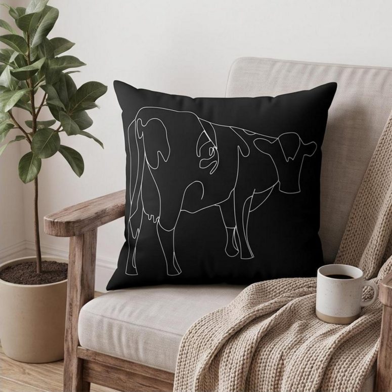 Pink Floyd Pillow Cover - Atom Heart Mother Cow Line Art
