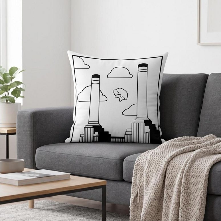 Pink Floyd Pillow Cover - Flying Pig Over Battersea Power Station Minimalism