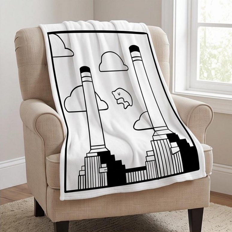 Pink Floyd Velveteen Plush Blanket - Flying Pig Over Battersea Power Station Minimalism