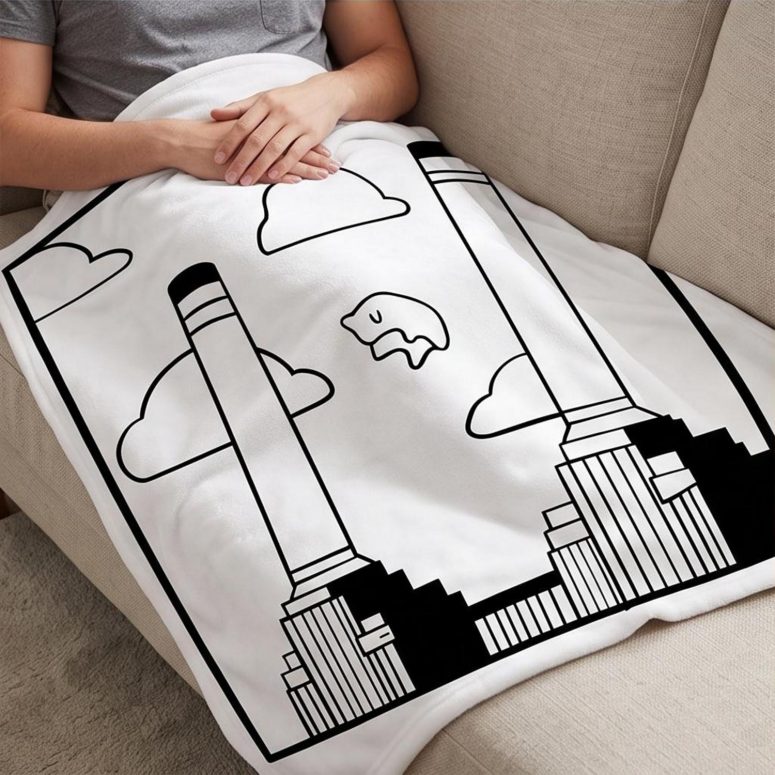 Pink Floyd Velveteen Plush Blanket - Flying Pig Over Battersea Power Station Minimalism