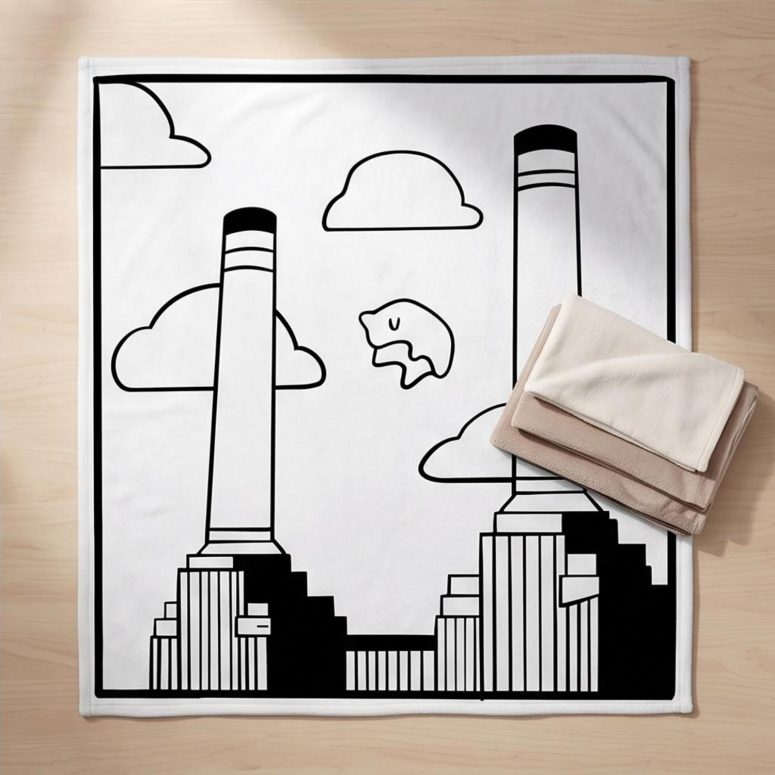 Pink Floyd Velveteen Plush Blanket - Flying Pig Over Battersea Power Station Minimalism