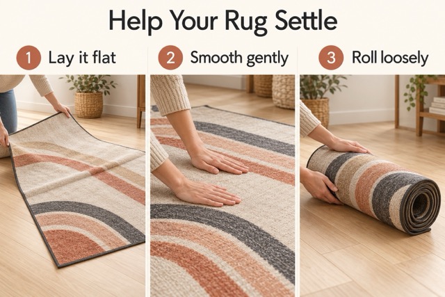 Illustrated rug care steps showing a rug laid flat, smoothed gently by hand, and rolled loosely with the patterned side outward